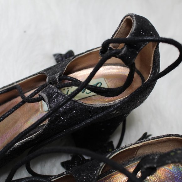 Lulu Hun Black Lace Up Sparkle Iridescent Star Block Heel Size 5 - Picture 8 of 15